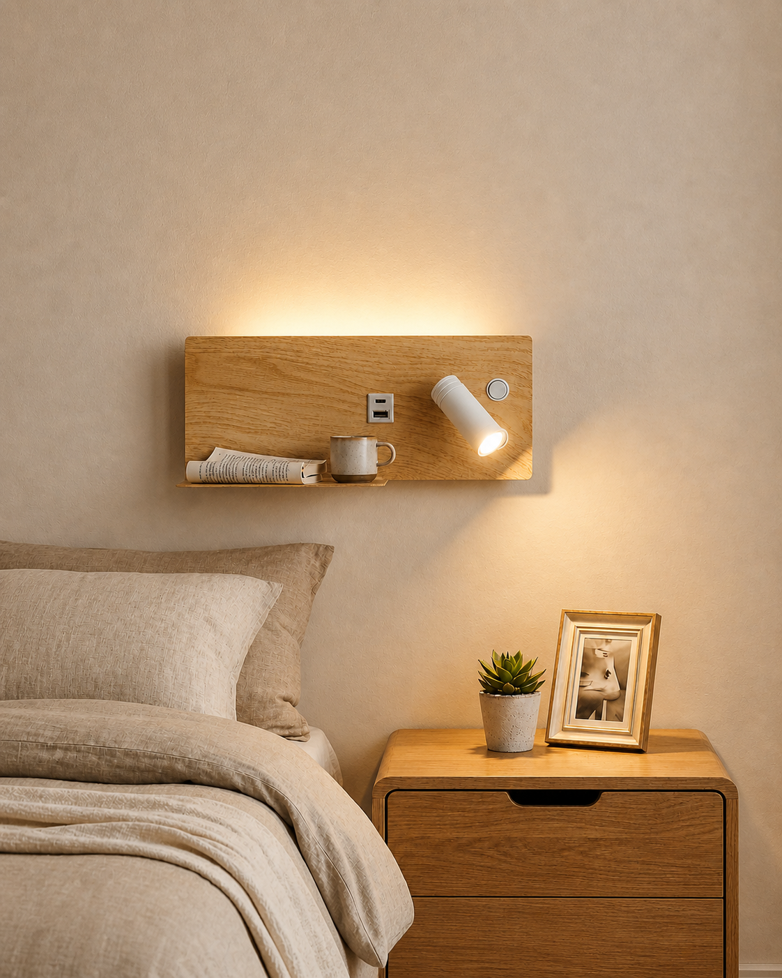 Aplique LED de Pared con USB y Foco de Lectura para Dormitorio