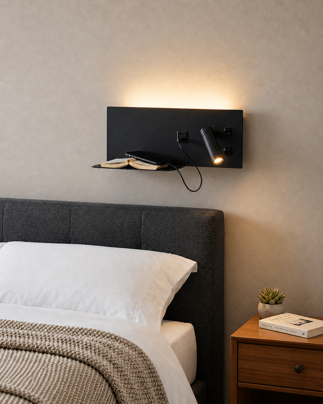 Aplique LED de Pared con USB y Foco de Lectura para Dormitorio