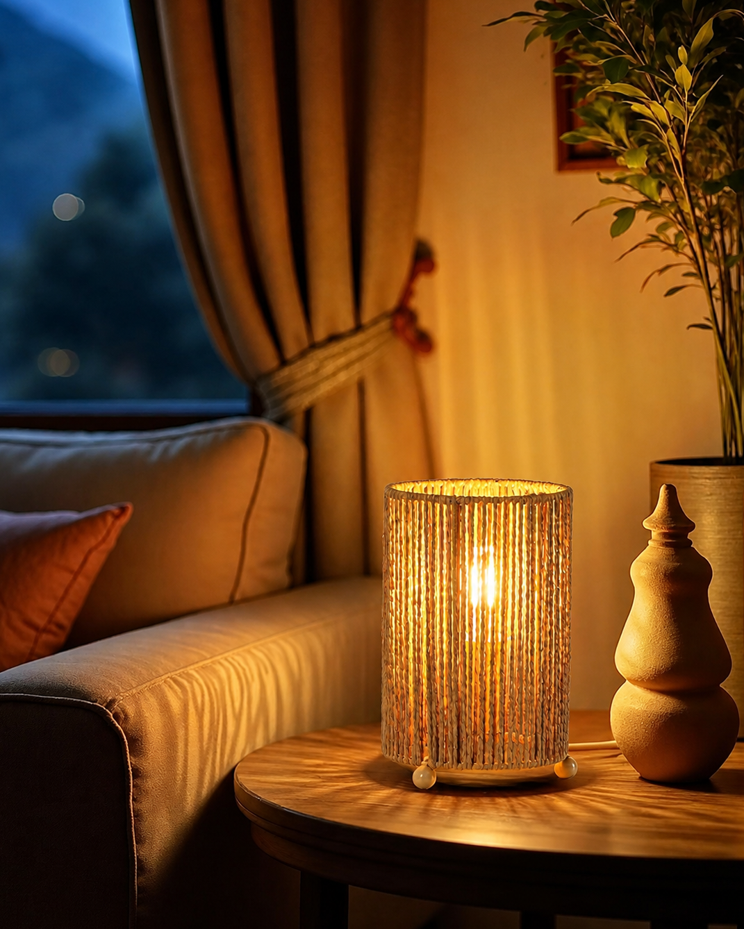 Pack 2 Lámparas de Mesa Ratán Boho con Bombilla LED Cálida