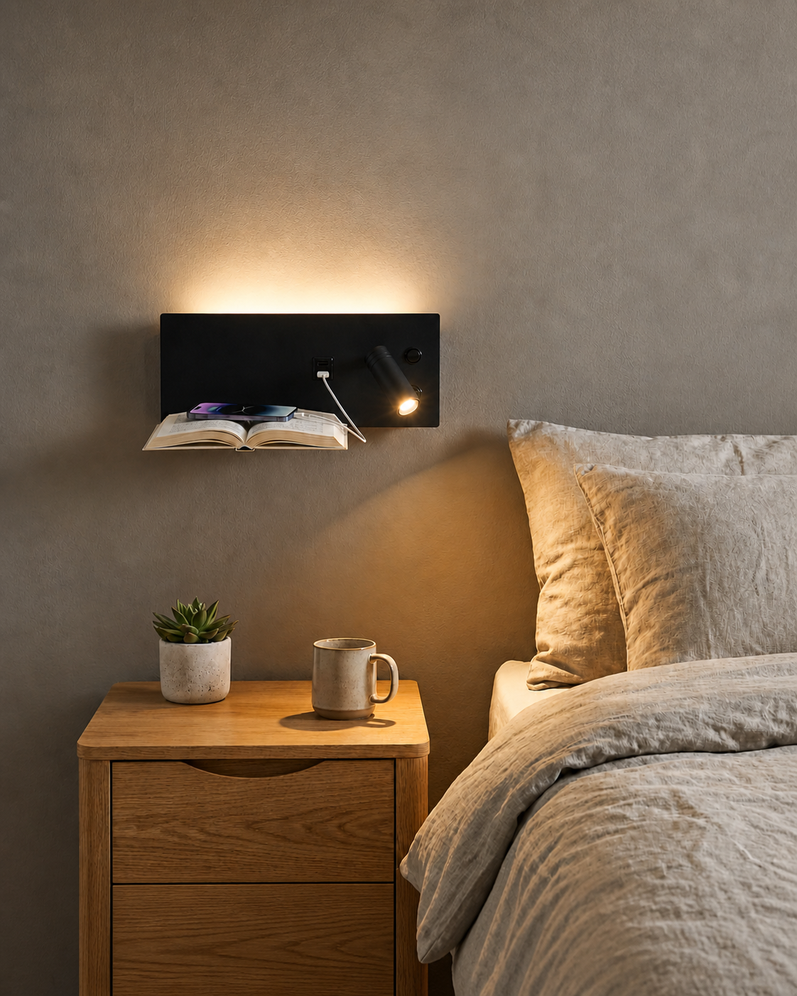 Aplique LED de Pared con USB y Foco de Lectura para Dormitorio