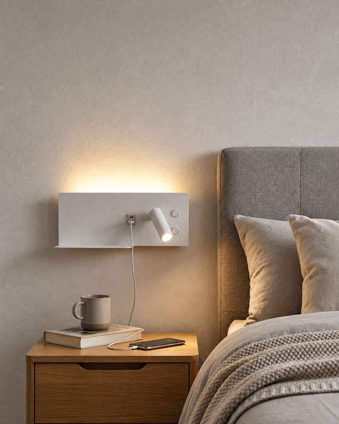 Aplique LED de Pared con USB y Foco de Lectura para Dormitorio