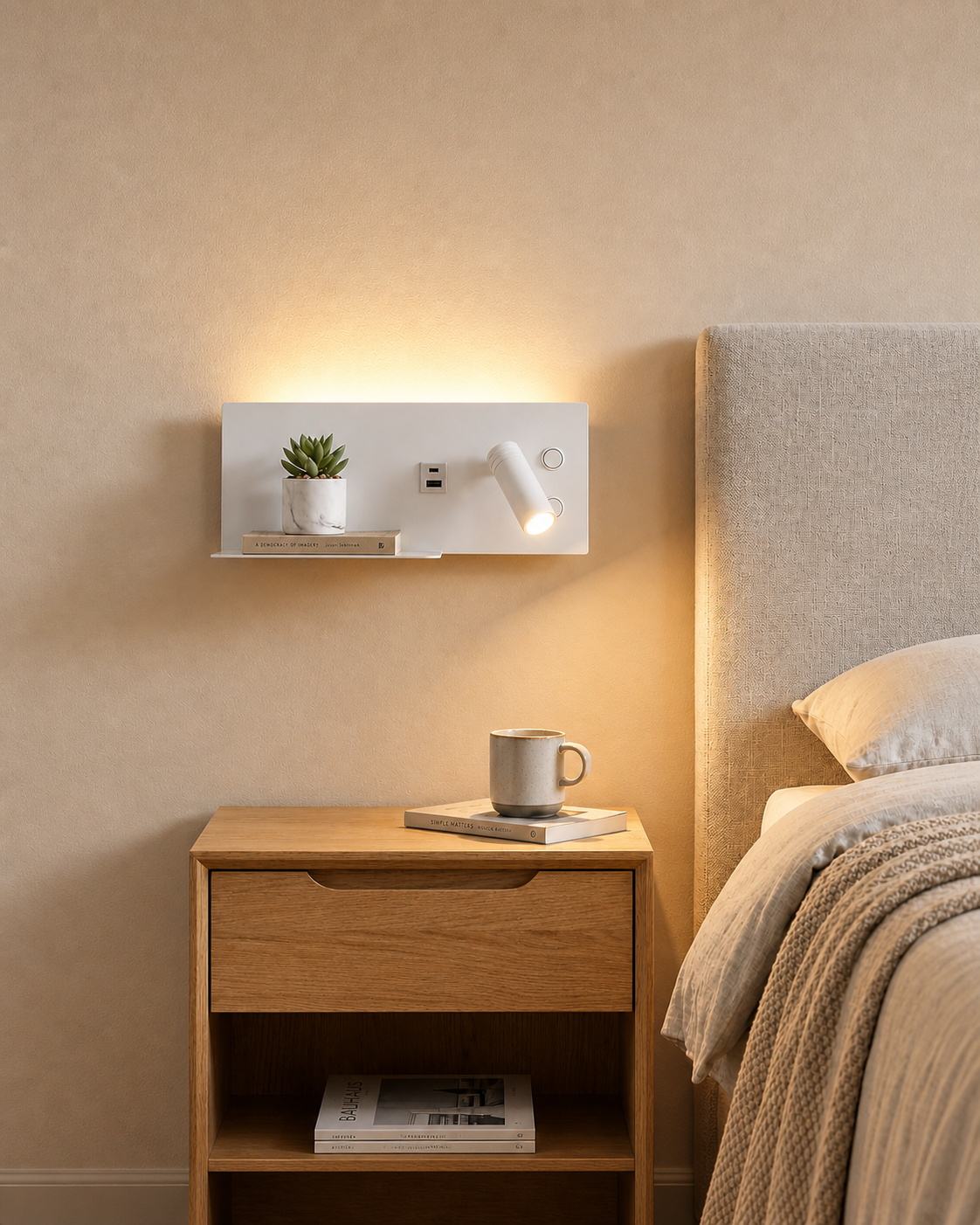 Aplique LED de Pared con USB y Foco de Lectura para Dormitorio