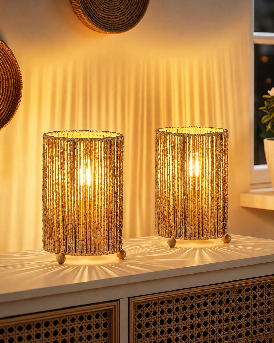 Pack 2 Lámparas de Mesa Ratán Boho con Bombilla LED Cálida