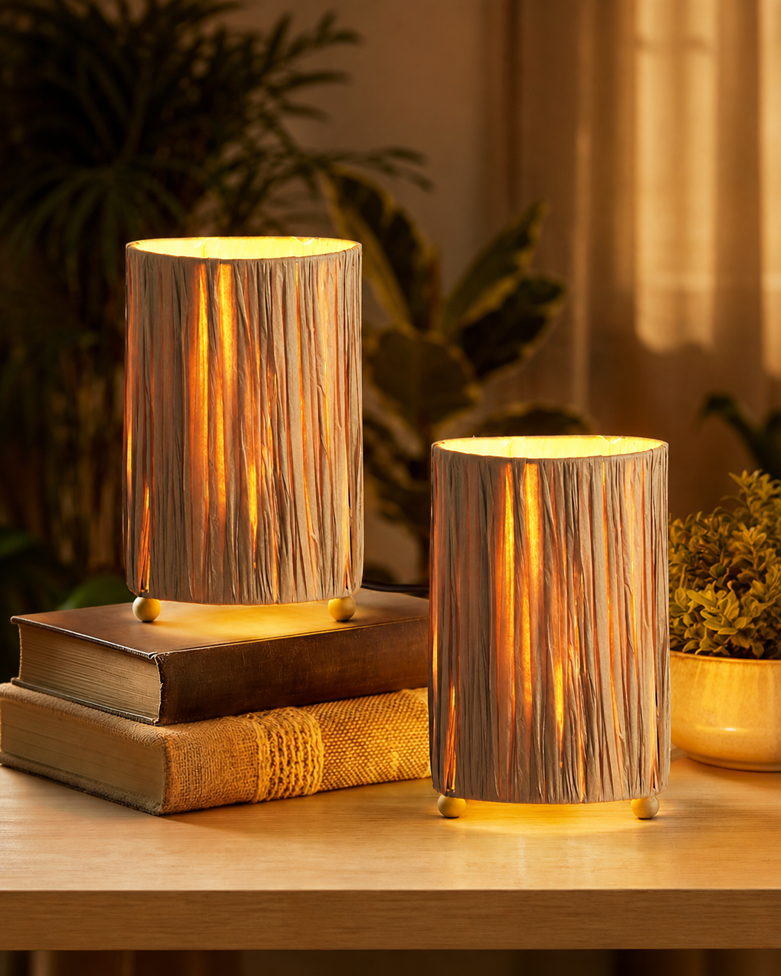Pack 2 Lámparas de Mesa Ratán Boho con Bombilla LED Cálida